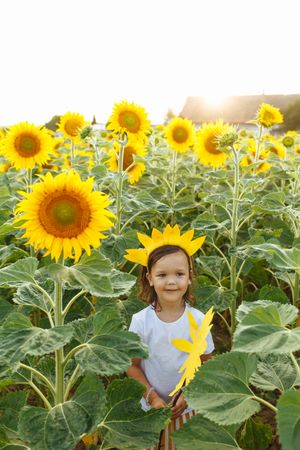 Cute child in blooming sunflower field