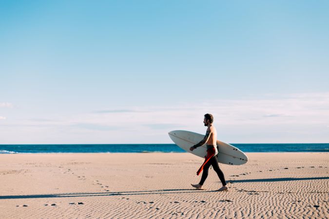Man in wetsuit walking with surfboard