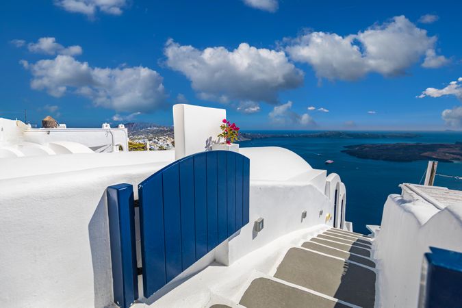 Narrow staircase leading to the Aegean Sea