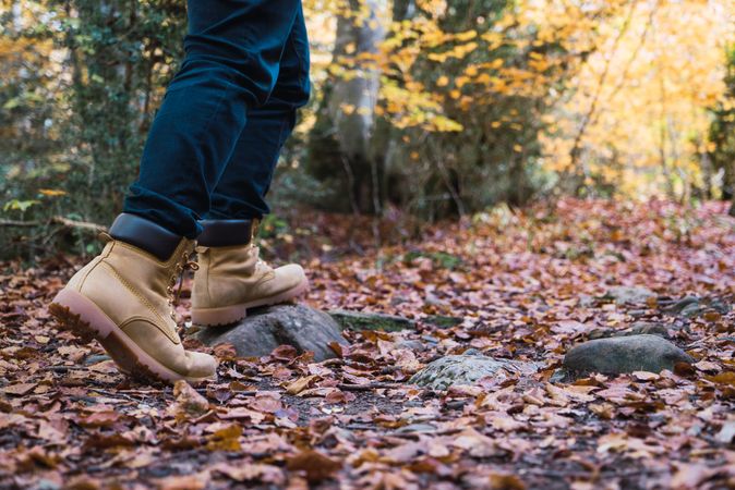 Legs of traveler in casual outfit exploring autumn forest