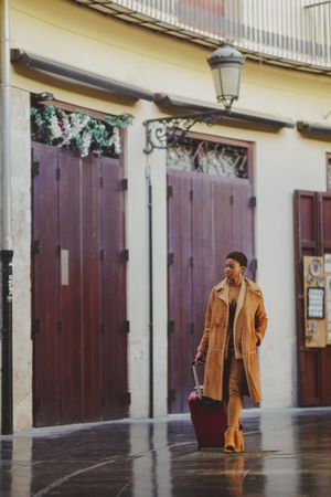 Stylish Black woman with luggage walking on street