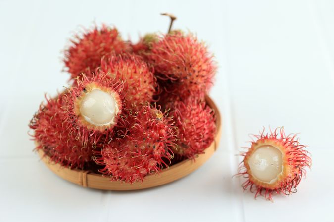 Close Up Rambutan on Bamboo Plate