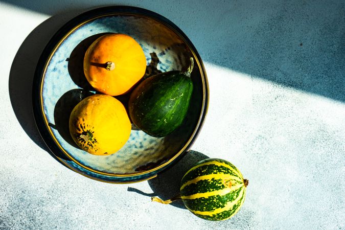 Top view of colorful mini squash in bowl on sunny counter