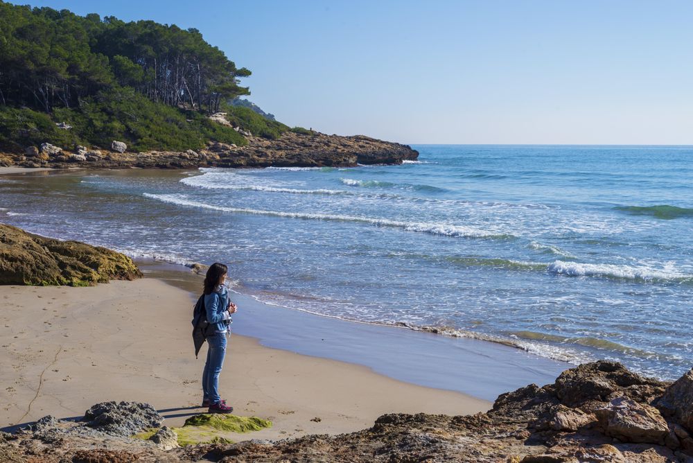 Female dressed in blue standing on the beach looking at the horizon