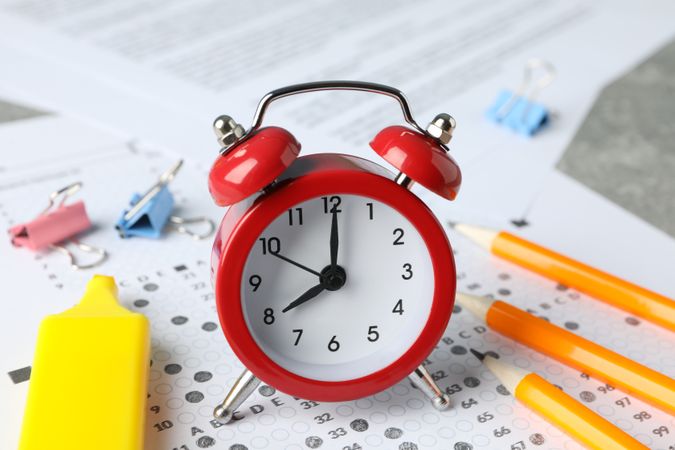 Alarm clock and stationary on multiple-choice test