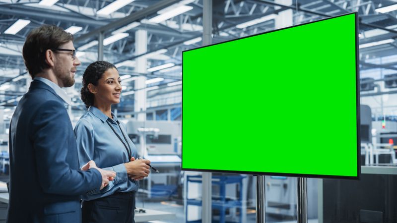 Male and female colleagues designing from mockup screen