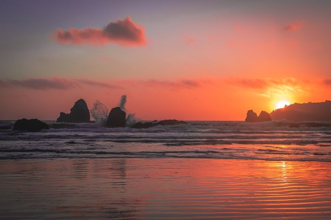 Bright orange sunset in the pacific north west coast