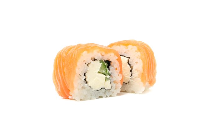 Japanese food. Delicious sushi rolls isolated on light background