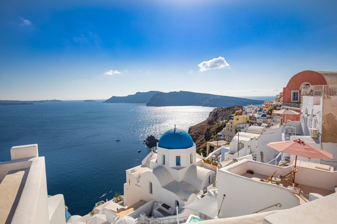 A perfect summer view of the Aegean Sea from a patio in Santorini