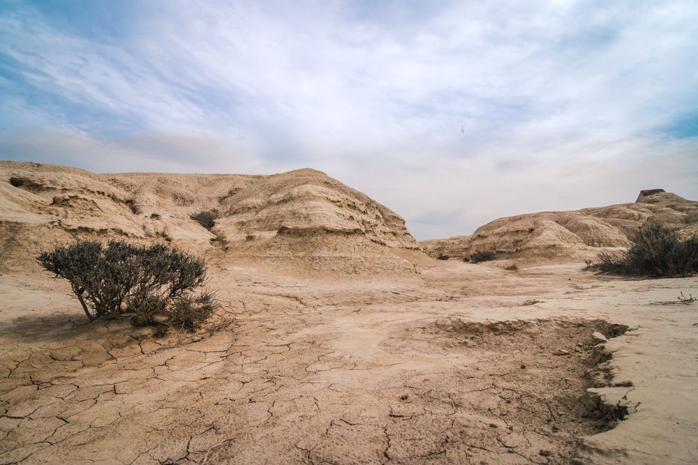 Amazing landscape of desert hills on background of blue sky