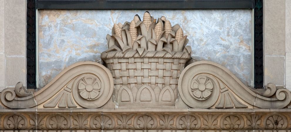 Basket of corn architectural detail on historic building in Topeka, Kansas
