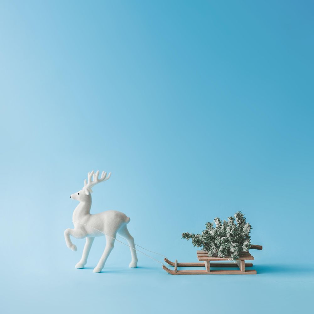 Santa Claus's reindeer pulling a sleigh with Christmas tree