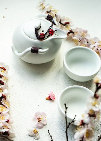 Asian style table setting with delicate apricot blossom around tea pot and cups