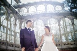 Newly weds having fun near vintage building