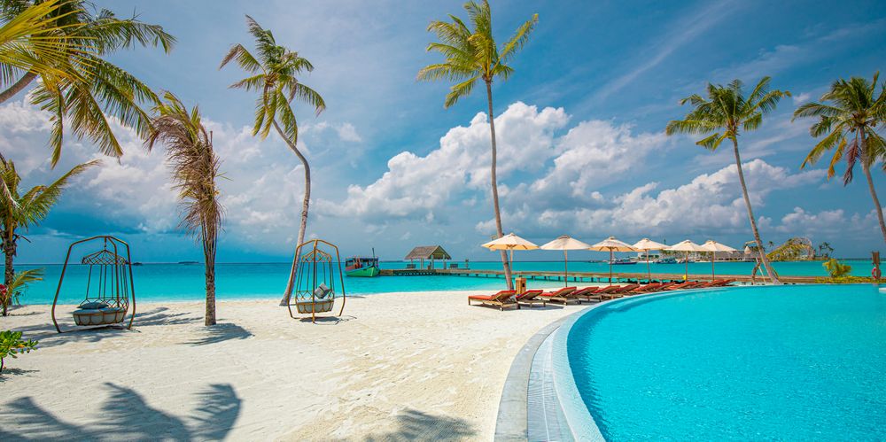 Pool near the ocean with palm trees, reclining chairs and hanging chairs
