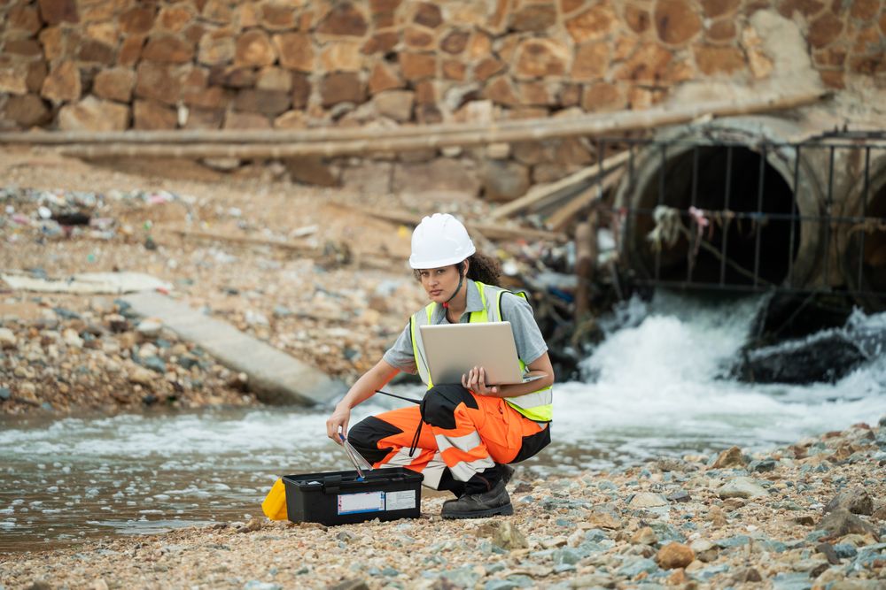 Female engineer with laptop inspecting water drainage pipes at an industrial site