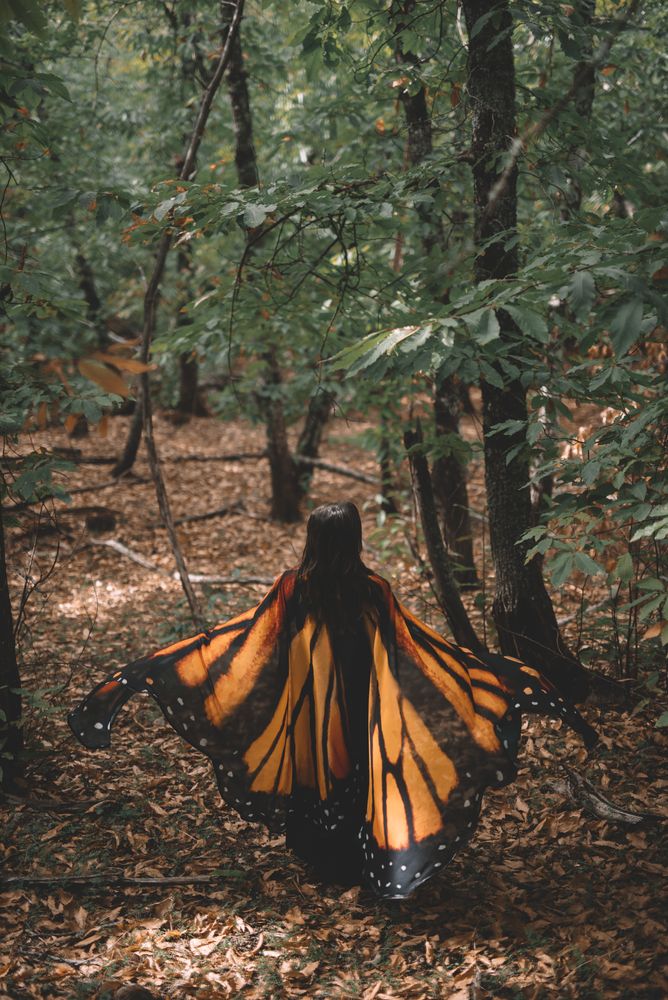Woman in butterfly costume in forest