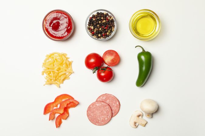 Ingredients for cooking pizza on blank background