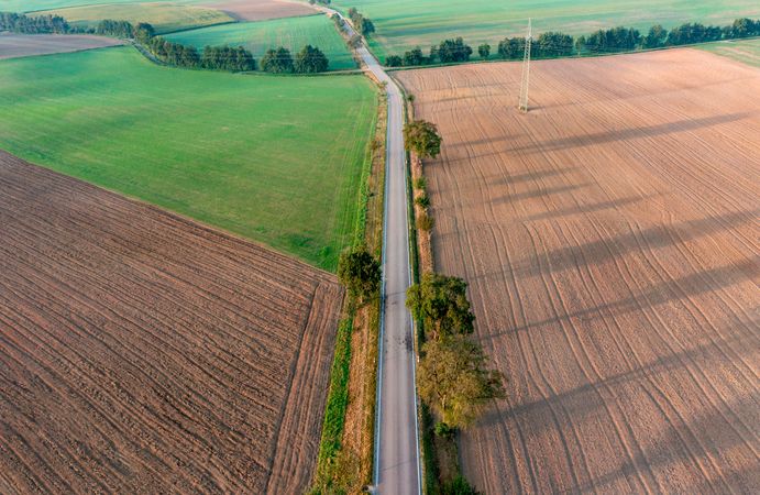Drone aerial view at sunrise with agricultural fields and countryside road