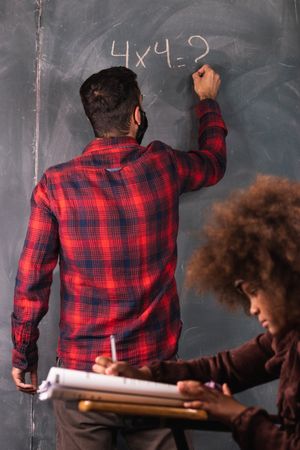 Multiracial teacher and pupil in classroom at math lesson