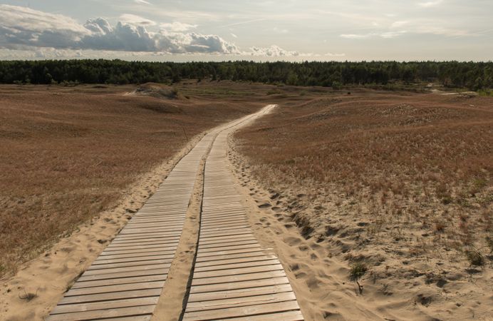 Deserted field with wooden overpass