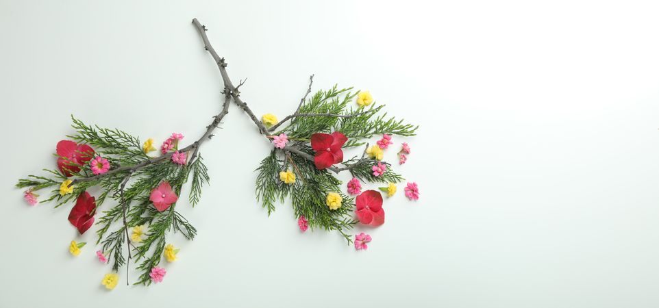 Banner of lung concept made of branches and flowers with copy space