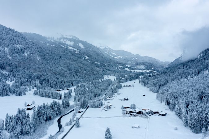 Winter scenery, drone image with snowy valley in the Bavarian Alps, Germany