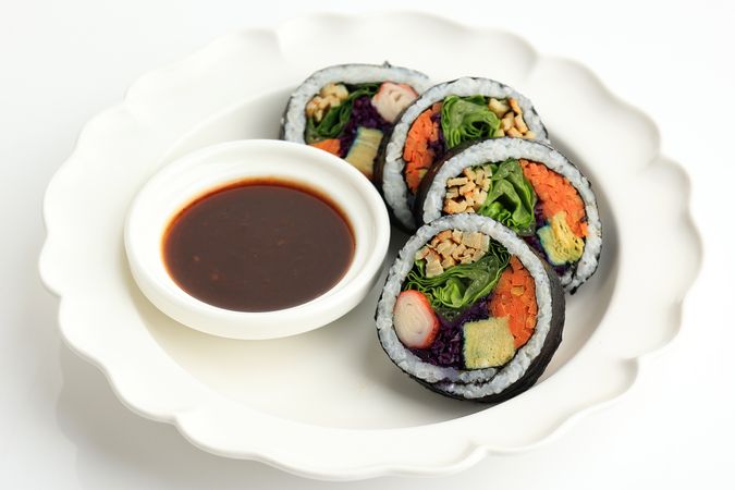 Gimbap or Kimbap, Korean Food Made from Cooked Rice with Vegetables, Egg, Meat