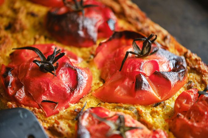 Tasty vegan pizza with ripe tomato slices