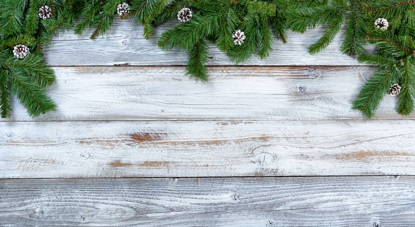 Top border of Christmas fir branches and pine cones on rustic wooden background