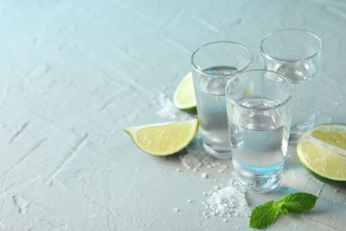Tequila shots, salt, lime slices and mint on cement background
