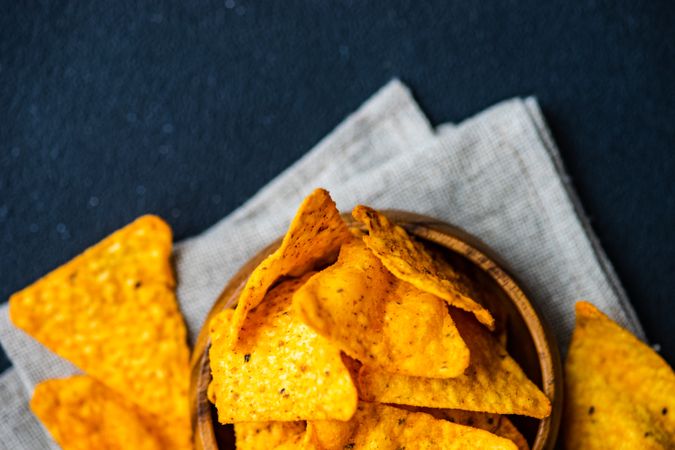 Top view of nacho chips in bowl