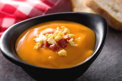 Bowl with salmorejo ham and hard boiled egg