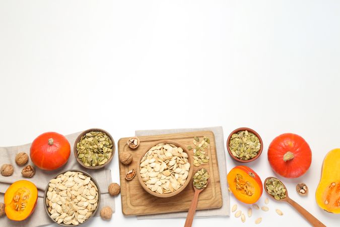 Concept of Autumn vibe food, Pumpkin, Pumpkin seeds, space for text