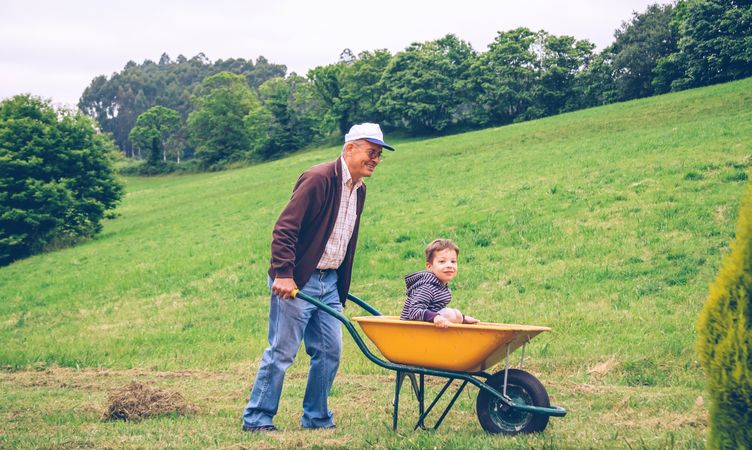 Mature man raking hay with pitchfork on field
