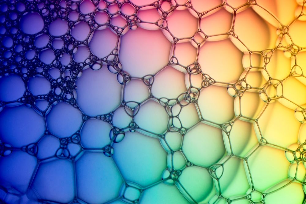 Abstract background bio technology, macro photography foam and water with gradient background. Molecule multicolor backgorund