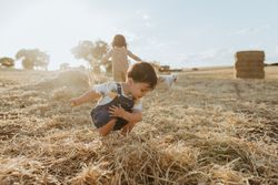A child playing in the hay at sunset