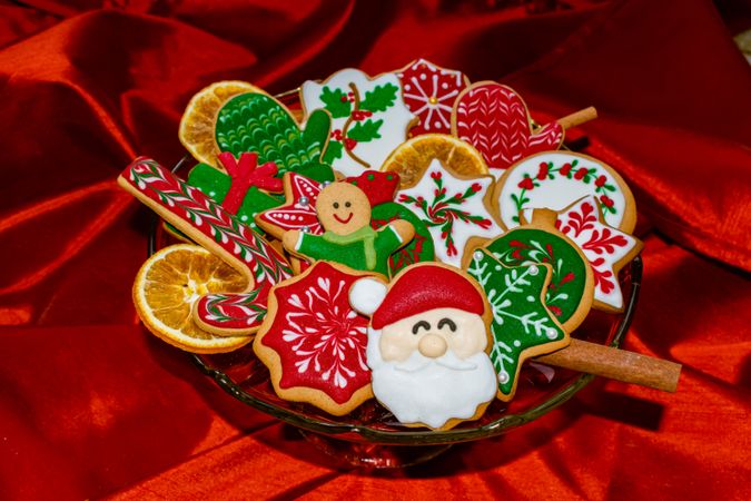 Decorated Christmas gingerbread cookies on a tray