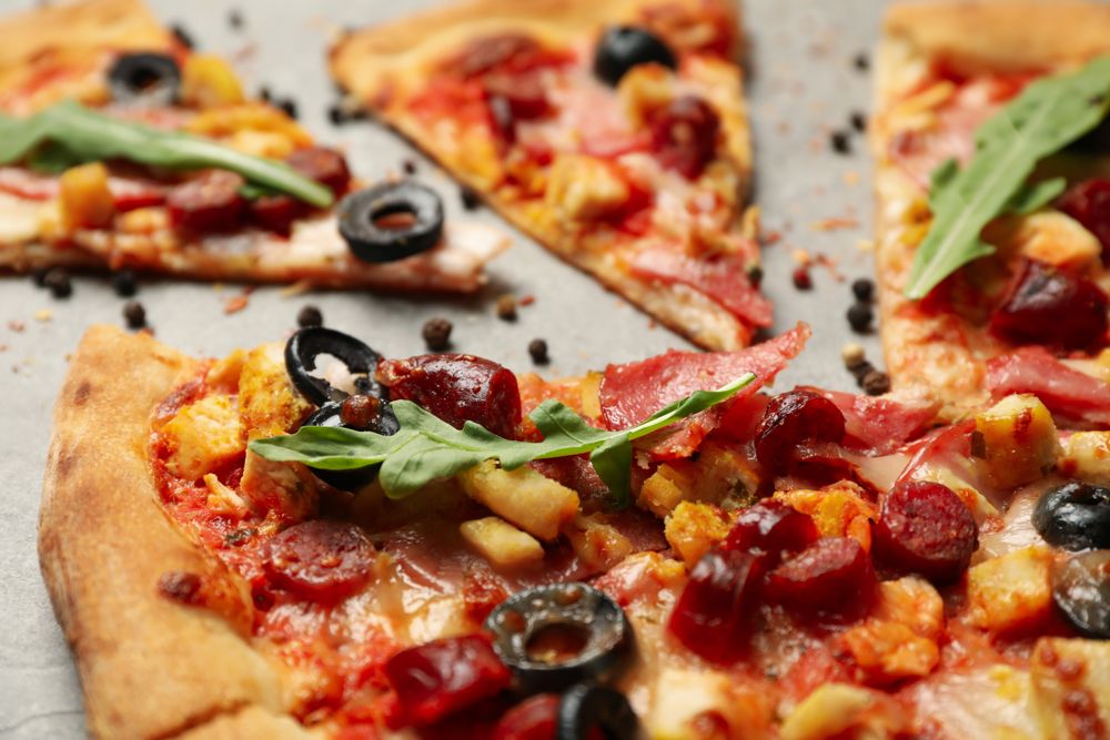 Tasty meat pizza on gray background, close up
