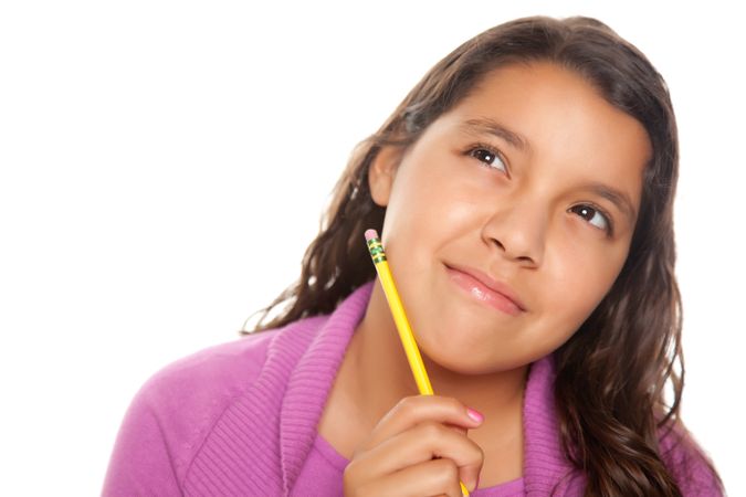 Hispanic Girl Thinking with Pencil