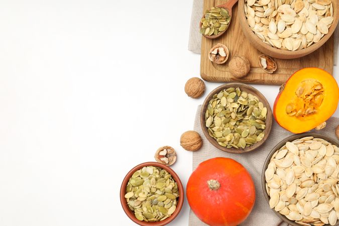 Concept of Autumn vibe food, Pumpkin, Pumpkin seeds, space for text