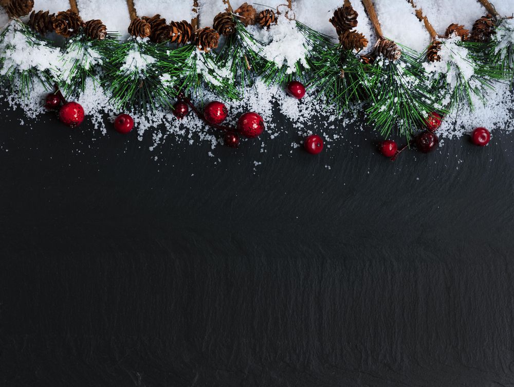 Christmas top border on dark stone with snow and red berries with fir