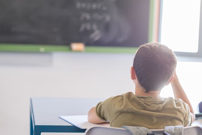 Back of teenager sitting in class looking at chalkboard