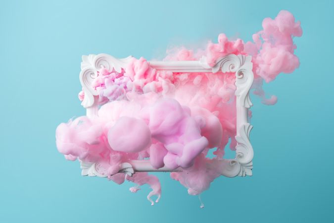 Cloud-like pink color paint with picture frame on blue background