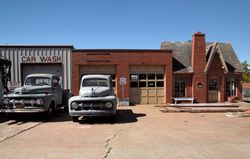 Vintage Phillips 66 Gas Station and historic cars on Route 66 in Chandler, Oklahoma