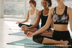 Women meditating in lotus pose at fitness studio 0gXLnW