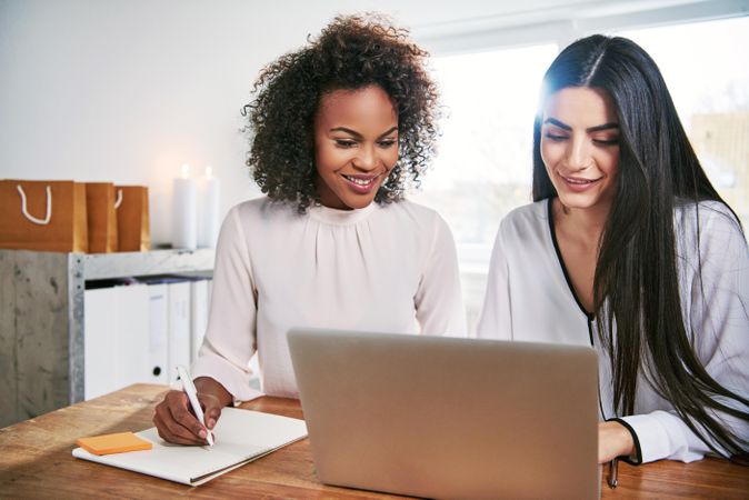 Two female designers working at a laptop in a bright home