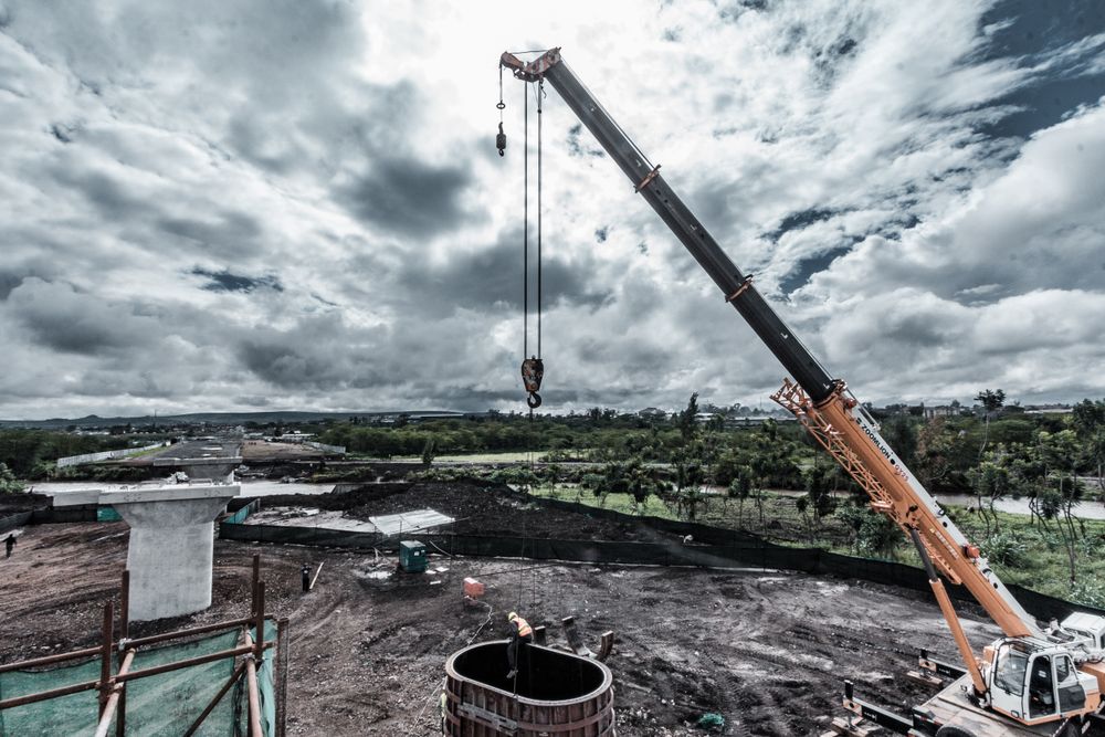 Crane on field under cloudy sky