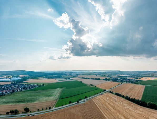 Panorama image, drone point of view, with agricultural fields in the german rural area