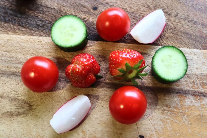 Close view on a healthy german breakfast with sandwiches, tomatoes and cucumbers